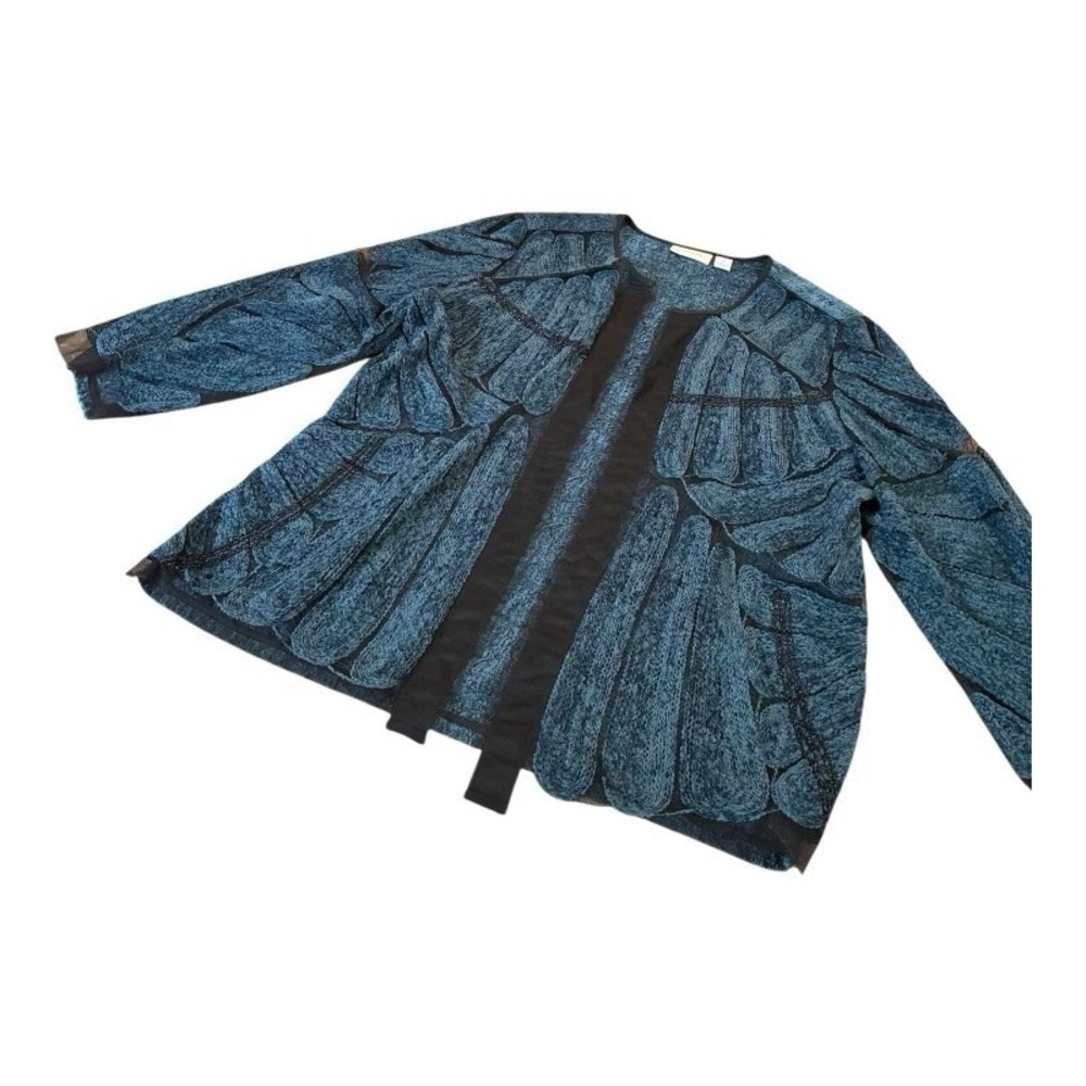 Chicos Size 2 Brushed Velvet Lace Boho Open Jacket Shirt Blue Long Sleeve - Picture 2 of 8